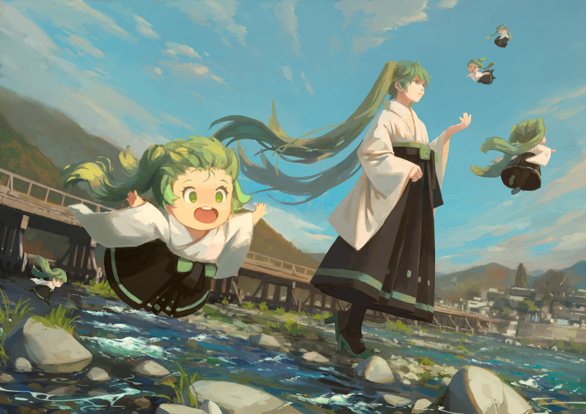 6+girls :d black_hakama blue_sky bridge chibi clouds cloudy_sky commentary_request day dutch_angle floating_hair flying green_eyes green_hair hakama hatsune_miku high_heels highres japanese_clothes kyoto long_hair long_sleeves minigirl multiple_girls multiple_persona open_mouth outdoors outstretched_arms parted_lips sky smile spread_arms standing twintails very_long_hair vocaloid water wide_sleeves xiaobanbei_milk