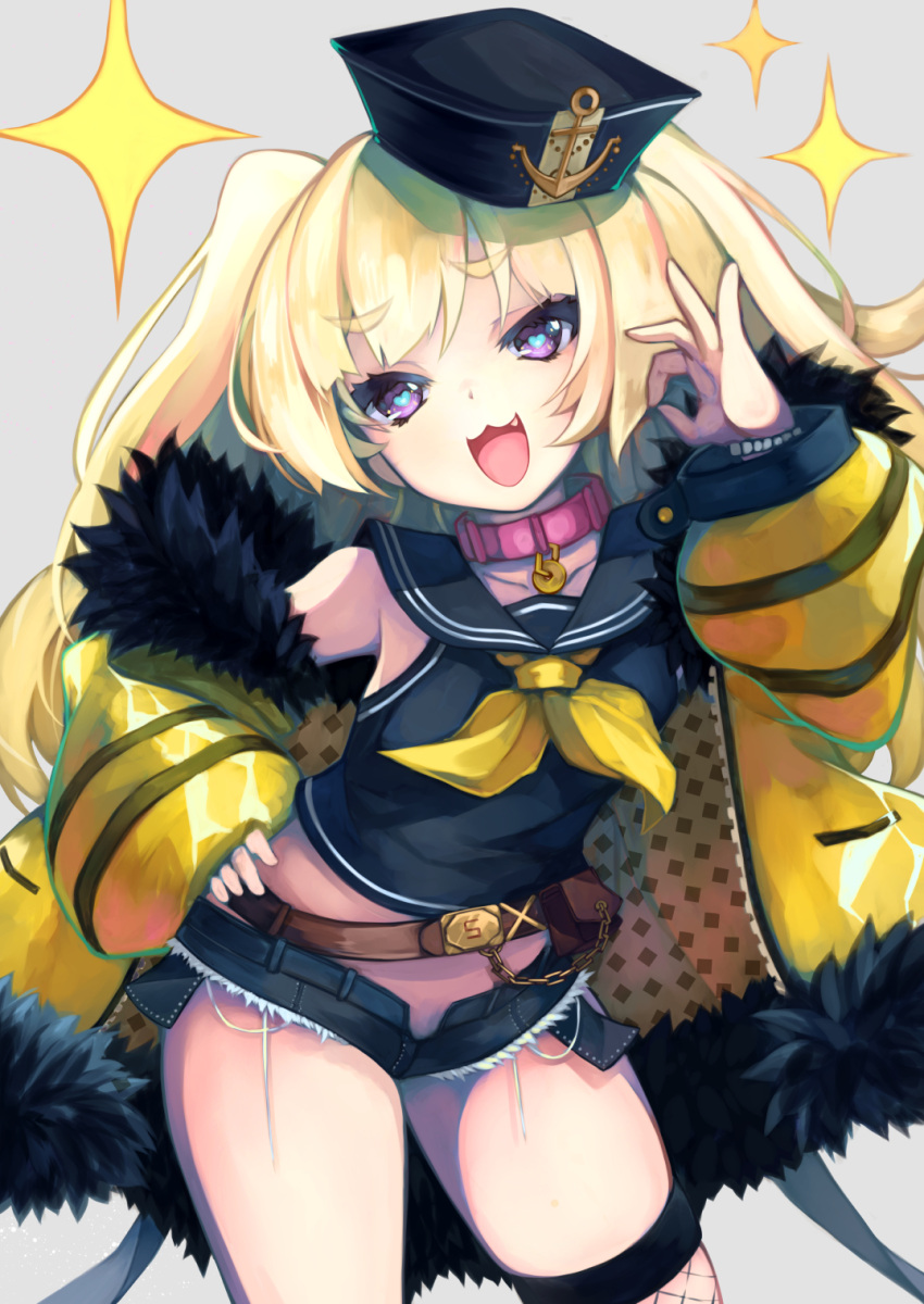 1girl :3 :d anchor azur_lane bache_(azur_lane) bangs belt black_headwear black_sailor_collar black_shirt black_shorts blonde_hair blush collar eyebrows_visible_through_hair fang fishnet_legwear fishnets fur-trimmed_jacket fur_trim hat heart heart-shaped_pupils highres jacket long_hair looking_at_viewer micro_shorts midriff navel neckerchief ok_sign open_clothes open_fly open_mouth open_shorts otogi_kyouka pink_collar sailor_collar shirt shorts simple_background single_thighhigh smile solo standing symbol-shaped_pupils thigh-highs violet_eyes yellow_jacket