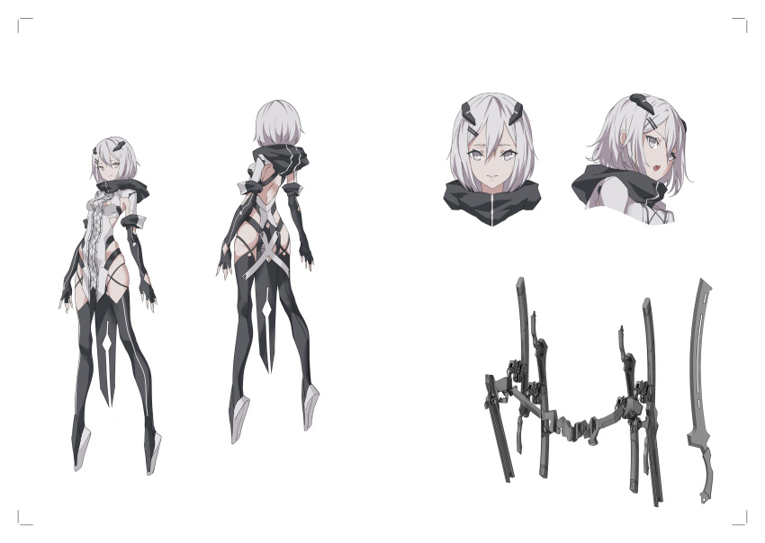 1girl absurdres ass black_legwear breasts cancell character_sheet closed_mouth elbow_gloves fingerless_gloves full_body gloves grey_eyes hair_ornament hairclip high_heels highres hood hood_down leotard looking_at_viewer mecha_musume medium_breasts original science_fiction short_hair silver_hair solo sword thigh-highs weapon