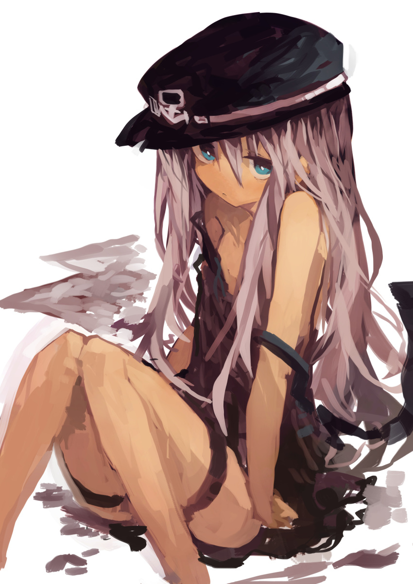 1girl absurdres anchor anchor_symbol bangs black_dress black_headwear blue_eyes closed_mouth dress flat_cap hat hibiki_(kantai_collection) highres kaamin_(mariarose753) kantai_collection long_hair off_shoulder silver_hair simple_background sitting sleeveless sleeveless_dress solo thigh-highs