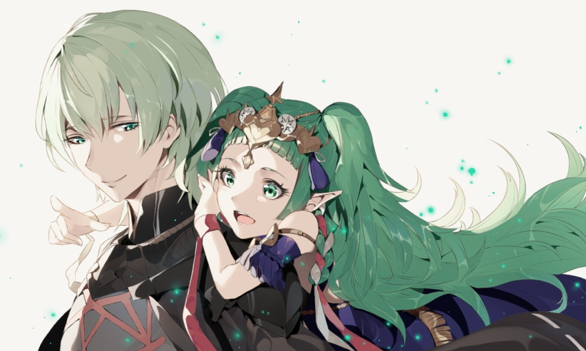 1boy 1girl 9750isz armor black_armor braid byleth_(fire_emblem) byleth_eisner_(male) closed_mouth fire_emblem fire_emblem:_three_houses green_eyes green_hair hair_ornament long_hair manakete open_mouth pointing pointy_ears short_hair simple_background smile sothis_(fire_emblem) tiara twin_braids upper_body white_background