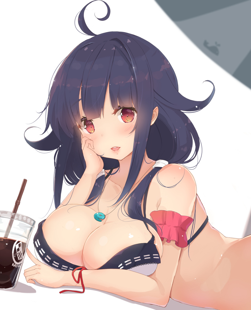 1girl :d ahoge armband bikini blush breasts collarbone commentary_request drink drinking_straw hair_flaps highres huge_breasts kagerou_(shadowmage) kantai_collection long_hair low_twintails magatama open_mouth parasol purple_hair red_eyes red_ribbon ribbon shadow simple_background smile solo swimsuit taigei_(kantai_collection) twintails umbrella white_background white_bikini