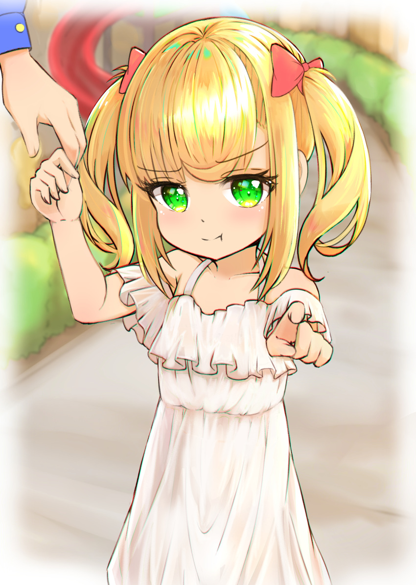1girl 1other absurdres arm_up blonde_hair bow child dress green_eyes hair_bow hands highres holding_hands long_hair looking_at_viewer original outdoors pointing pout ribbon shou_zong slide sundress twintails white_dress