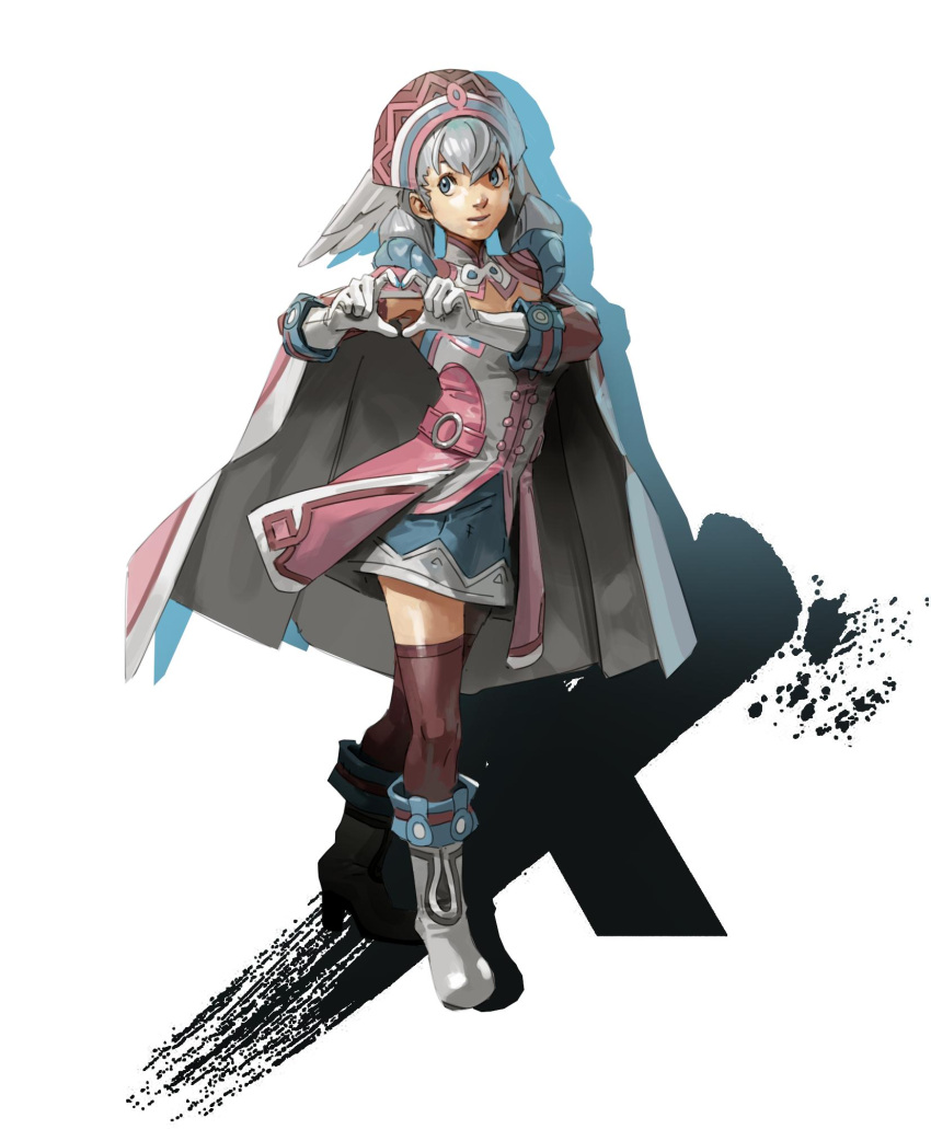 1girl blue_eyes blush breasts cape curly_hair elbow_gloves full_body gloves hat head_wings heart heart_hands highres long_hair looking_at_viewer medium_breasts melia nin_nakajima open_mouth silver_hair simple_background smile solo thigh-highs white_hair xenoblade_(series) xenoblade_1