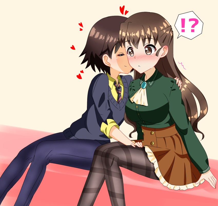 !? 2girls black_legwear blue_sweater blush breasts brown_eyes brown_hair closed_eyes closed_mouth cuddling eyebrows_visible_through_hair girls_und_panzer hand_on_hip hand_on_thighs heart highres hug isobe_noriko large_breasts long_hair multiple_girls necktie pants pantyhose rukuriri shiny shiny_hair shiny_skin short_hair sitting skirt small_breasts smile speech_bubble striped striped_neckwear sweater tanutika yuri