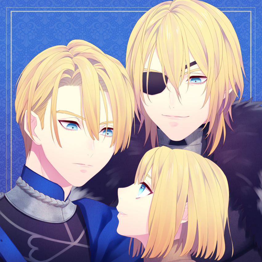 1boy age_progression armor blonde_hair blue_background blue_eyes dimitri_alexandre_bladud eyepatch fire_emblem fire_emblem:_three_houses fur_trim garreg_mach_monastery_uniform highres long_hair solo teeth upper_body ybaoi