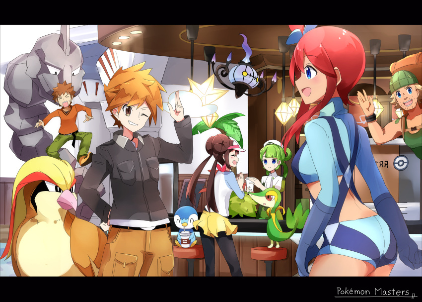 3boys 3girls aa_(sin2324) black_legwear black_shirt blue_eyes blue_gloves blue_shorts bow breasts brown_hair brown_pants capri_pants chandelure character_request closed_eyes copyright_name double_bun from_side fuuro_(pokemon) gen_1_pokemon gen_4_pokemon gen_5_pokemon gloves hair_ornament highres hiker_(pokemon) indoors long_hair long_sleeves medium_breasts mei_(pokemon) midriff multiple_boys multiple_girls onix ookido_green orange_hair pants pantyhose pidgeotto pink_bow piplup pokemon_(creature) pokemon_masters raglan_sleeves redhead shirt short_shorts shorts snivy takeshi_(pokemon) twintails visor_cap yellow_shorts