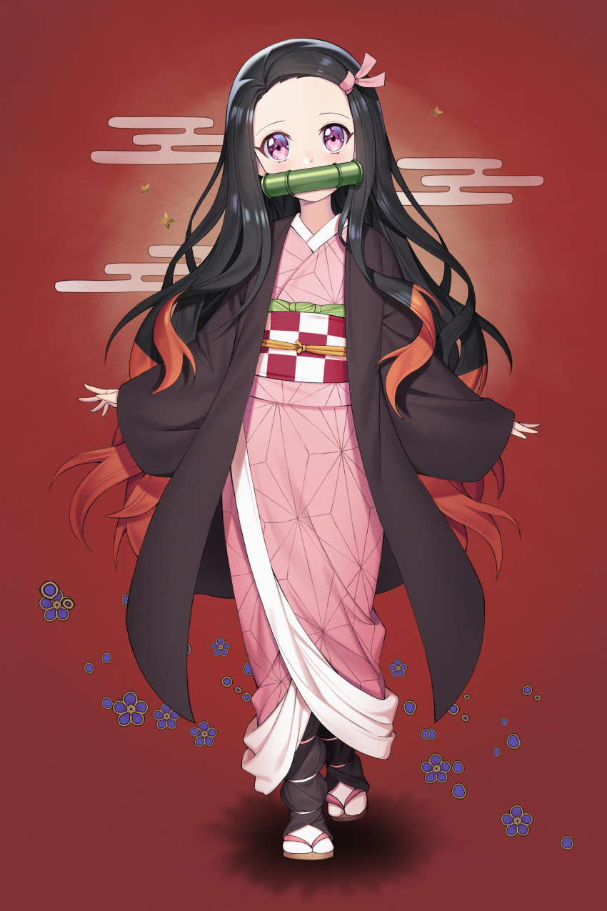 1girl absurdres bamboo bit_gag black_hair brown_hair commentary_request forehead gag hair_ribbon highres huge_filesize japanese_clothes kamado_nezuko kimetsu_no_yaiba kimono lemonpear long_hair long_sleeves looking_at_viewer mouth_hold multicolored_hair pink_eyes pink_kimono pink_ribbon ribbon solo two-tone_hair very_long_hair