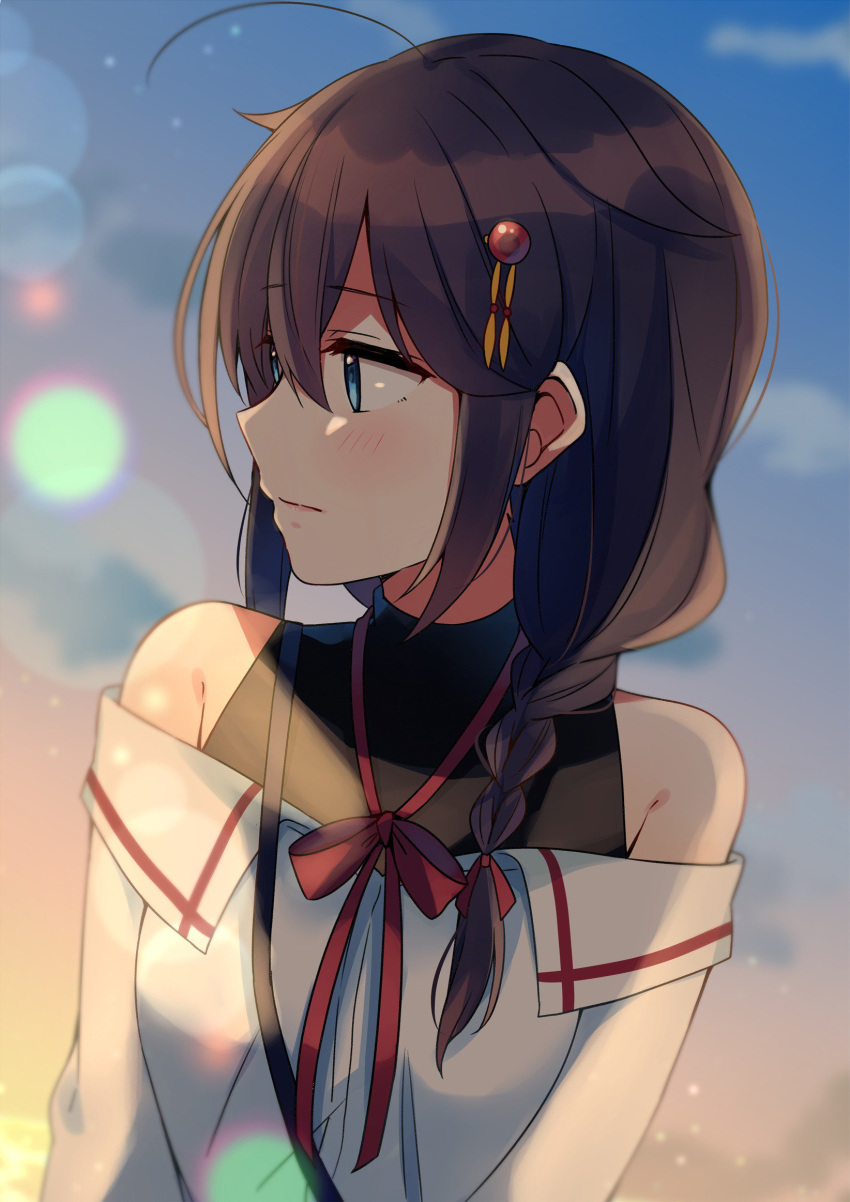 1girl adapted_costume ahoge alternate_costume bangs bare_shoulders black_hair blouse blue_eyes blurry blush bokeh braid breasts closed_mouth clouds depth_of_field eyebrows_visible_through_hair facing_viewer hair_between_eyes hair_flaps hair_ornament hair_over_shoulder hair_ribbon highres kantai_collection looking_to_the_side neck_ribbon outdoors red_ribbon remodel_(kantai_collection) ribbon shigure_(kantai_collection) single_braid sky sleeveless sleeveless_turtleneck solo strapless turtleneck upper_body white_blouse yukichi_(eikichi)