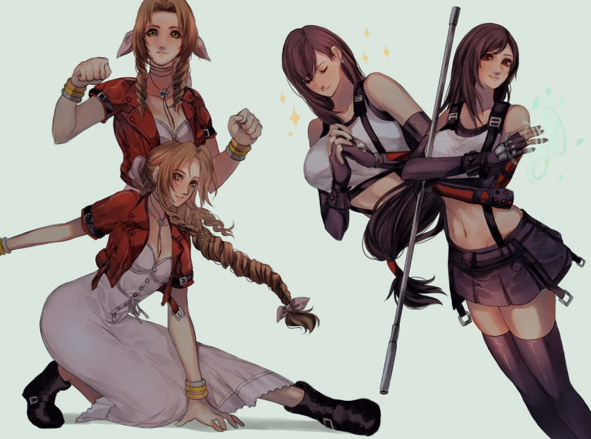 2girls aerith_gainsborough bangs bare_shoulders belt black_footwear black_skirt bow bracelet breasts brown_eyes clenched_hands closed_eyes closed_mouth cropped_jacket dress earrings elbow_pads english_commentary fighting_stance final_fantasy final_fantasy_vii final_fantasy_vii_remake fingerless_gloves gloves green_eyes hands_clasped holding holding_staff jewelry large_breasts long_dress long_hair low-tied_long_hair midriff multiple_girls navel necklace own_hands_together pencil_skirt pink_bow pink_dress pleated_skirt sera_(serappi) shirt skirt smile staff suspender_skirt suspenders swept_bangs tank_top taut_clothes taut_shirt thigh-highs thighs tifa_lockhart tri_drills