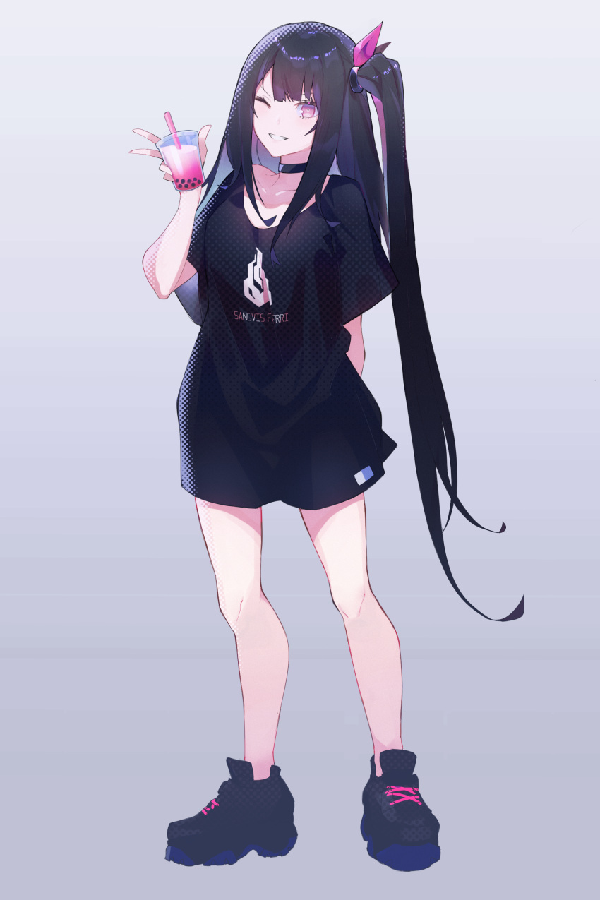 1girl absurdres architect_(girls_frontline) bangs black_footwear black_hair black_shirt blush breasts clothes_writing cup eyebrows_visible_through_hair full_body girls_frontline grey_background grin highres holding holding_cup inpamas long_hair long_shirt looking_at_viewer medium_breasts one_eye_closed one_side_up pale_skin pink_eyes shirt shoes simple_background smile sneakers w
