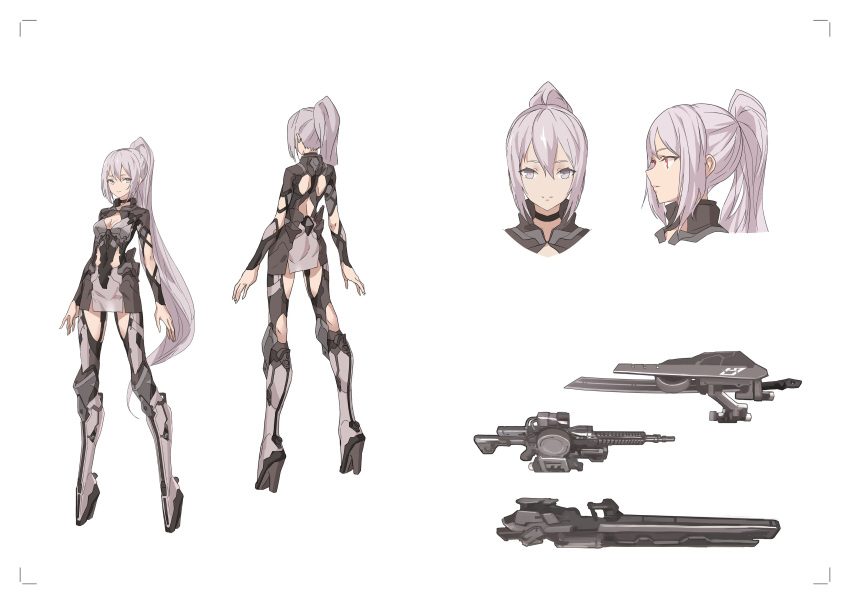 1girl absurdres back bad_hands breasts cancell character_sheet full_body grey_eyes high_heels highres impossible_clothes long_hair medium_breasts open_clothes original ponytail red_eyes science_fiction spread_legs thigh_strap weapon
