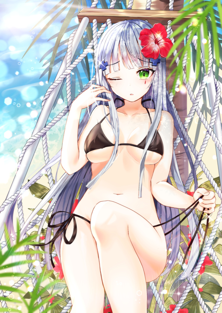 1girl absurdres bare_arms bare_shoulders bikini black_bikini blue_sky blurry blurry_background blurry_foreground blush breasts collarbone commentary day depth_of_field facial_mark flower girls_frontline green_eyes hair_flower hair_ornament hammock hand_up highres hk416_(girls_frontline) huge_filesize knee_up long_hair lying medium_breasts miyo_(user_zdsp7735) navel on_back one_eye_closed outdoors palm_tree parted_lips red_flower side-tie_bikini silver_hair sky solo swimsuit tree untied untied_bikini untying very_long_hair