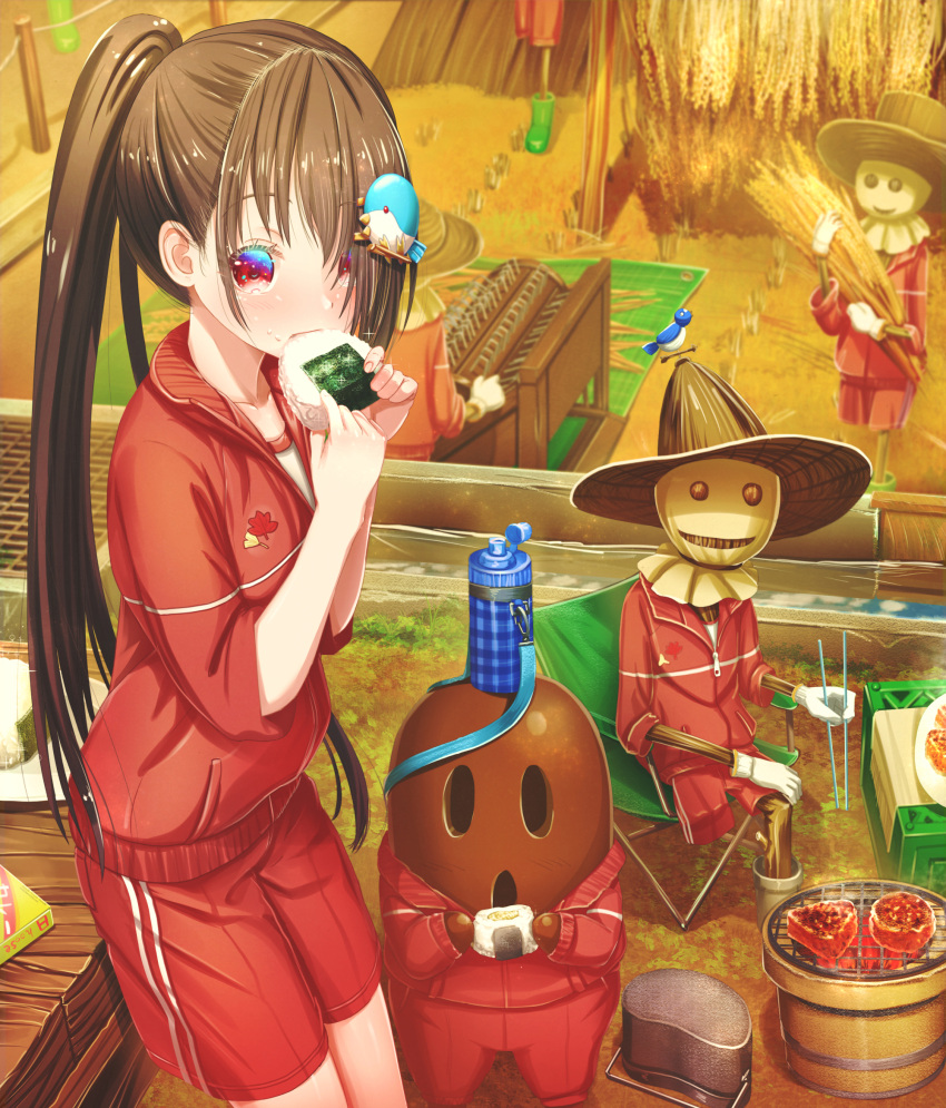 1girl abo_(kawatasyunnnosukesabu) autumn bird_hair_ornament black_hair bottle chair chopsticks commentary_request crate day eating folding_chair food food_on_face gym_shorts gyroid hair_ornament hair_over_one_eye haniwa_(statue) harvest hat hibachi_(object) highres holding holding_food jacket long_hair looking_at_viewer machine onigiri original original_character outdoors ponytail red_eyes red_jacket red_shorts scarecrow shorts sitting standing track_jacket water_bottle weather_vane wheat wheat_field