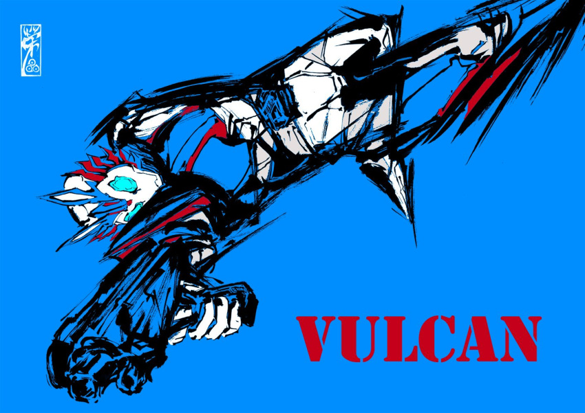 1boy artist_request attacking_viewer blue_background body_armor calligraphy_brush_(medium) character_name faux_traditional_media gun helmet holding holding_gun holding_weapon jumping kamen_rider kamen_rider_01_(series) kamen_rider_vulcan looking_at_viewer male_focus partially_colored pointing_weapon simple_background solo weapon
