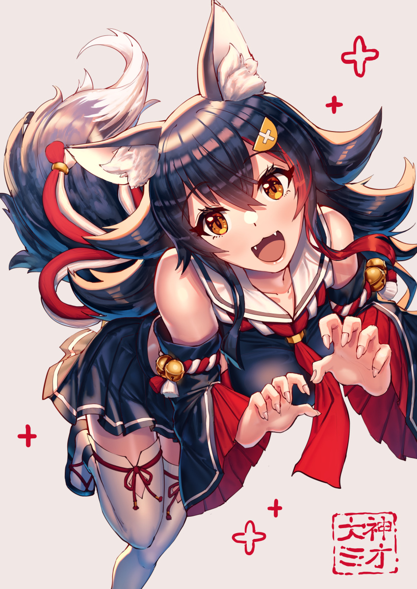 1girl absurdres animal_ear_fluff animal_ears bangs bare_shoulders bell black_hair black_skirt character_name collarbone eyebrows_visible_through_hair fangs hair_between_eyes hair_ornament hairclip highres hololive long_hair looking_at_viewer mazeru_(oekaki1210) miniskirt necktie ookami_mio open_mouth red_neckwear sailor_collar sandals skirt solo thigh-highs tongue very_long_hair virtual_youtuber wolf_ears wolf_girl yellow_eyes