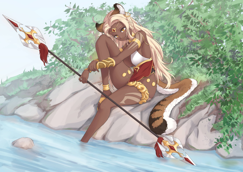 1girl absurdres animal_ear_request animal_ears b7669726 bare_shoulders bikini blonde_hair breasts commentary_request dark_skin highres holding holding_spear holding_weapon large_breasts long_hair long_tail original outdoors polearm sitting smile solo spear swimsuit tail water weapon white_bikini yellow_eyes