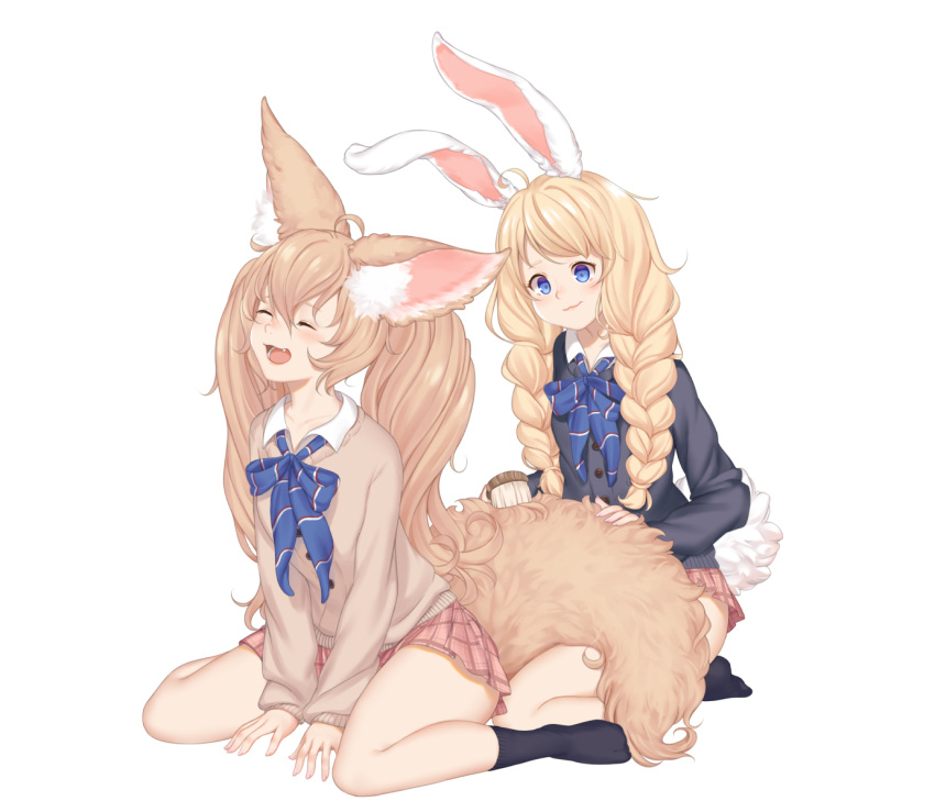 2girls animal_ear_fluff animal_ears blue_eyes blush closed_mouth elin_(tera) fang fox_ears fox_girl fox_tail full_body hair_between_eyes highres large_ears large_tail long_hair long_sleeves multiple_girls no_shoes original plushmallow_(elin) rabbit_ears school_uniform seiza sitting skirt susukitten tail tail_brushing tera_online twintails white_background