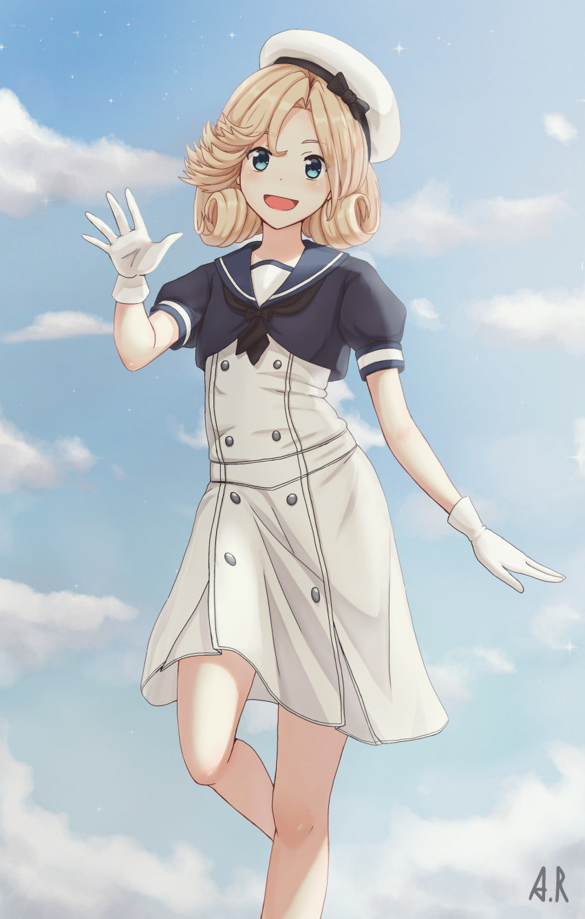 1girl a_rokhman absurdres black_neckwear black_shirt blonde_hair blue_eyes blue_sailor_collar blue_sky clouds day dress feet_out_of_frame gloves hat highres janus_(kantai_collection) kantai_collection looking_at_viewer open_mouth outdoors sailor_collar sailor_dress sailor_hat shirt short_hair short_sleeves sky smile solo white_dress white_gloves white_headwear