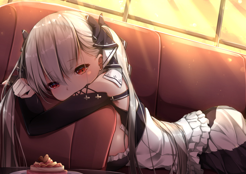 1girl azur_lane backlighting bangs bare_shoulders black_dress blush breasts cake commentary_request couch dress earrings eyebrows_visible_through_hair food formidable_(azur_lane) frilled_dress frills grey_hair hair_ornament hair_ribbon highres indoors jewelry large_breasts light_rays long_hair long_sleeves looking_at_viewer lying maid on_couch on_stomach plate red_eyes revision ribbon solo sunbeam sunlight sunset twintails umou_(may65879) very_long_hair
