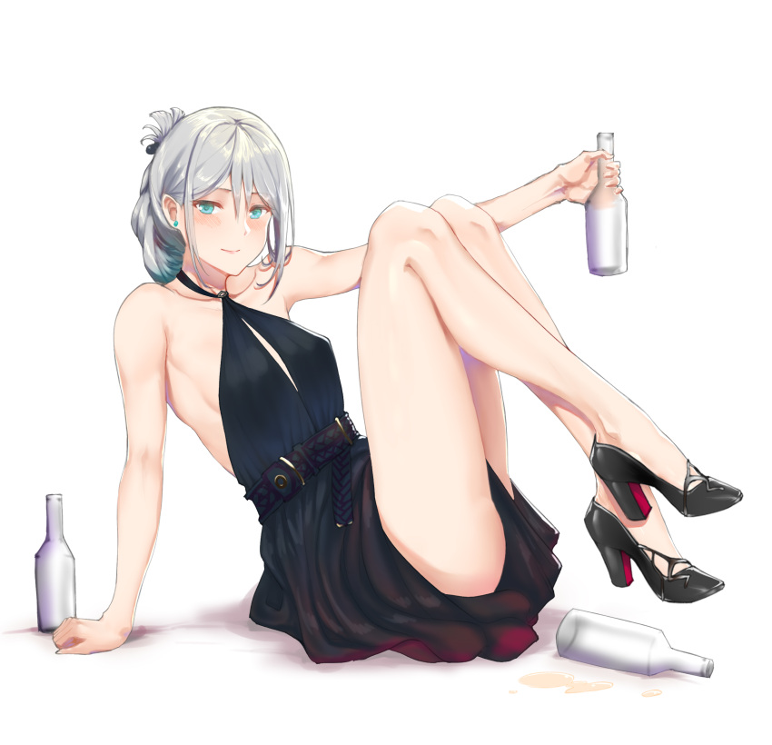 1girl an-94_(girls_frontline) aqua_eyes bangs bare_shoulders belt black_dress blush bottle breasts c.rabbit closed_mouth dress folded_ponytail girls_frontline high_heels highres legs legs_up long_hair looking_at_viewer medium_breasts sidelocks silver_hair simple_background sitting smile solo white_background