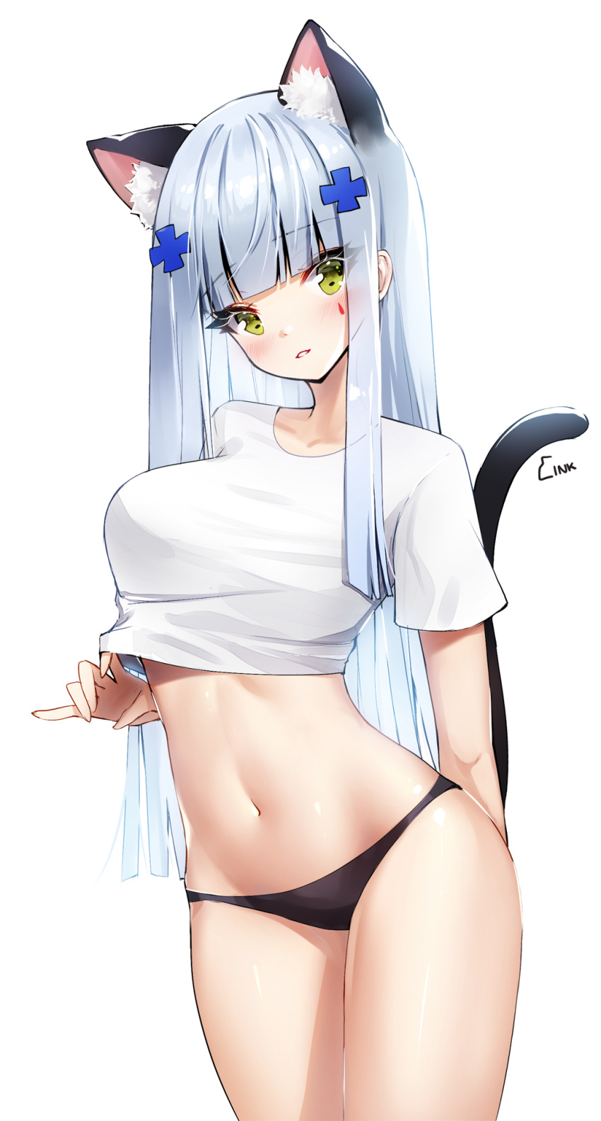 1girl animal_ear_fluff animal_ears ankkoyom artist_name bangs blunt_bangs blush cat_ears cat_girl cat_tail cowboy_shot crop_top cross_hair_ornament eyebrows_visible_through_hair girls_frontline green_eyes hair_ornament highres hk416_(girls_frontline) kemonomimi_mode long_hair looking_at_viewer navel parted_lips shirt short_sleeves silver_hair simple_background smile solo stomach tail thighs white_background white_shirt