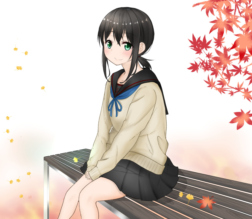 1girl autumn_leaves black_hair black_skirt cardigan fubuki_(kantai_collection) green_eyes highres kantai_collection kiyu_fuyuki leaf looking_at_viewer low_ponytail maple_leaf pleated_skirt ponytail remodel_(kantai_collection) short_ponytail sidelocks sitting skirt sleeves_past_wrists smile solo white_background