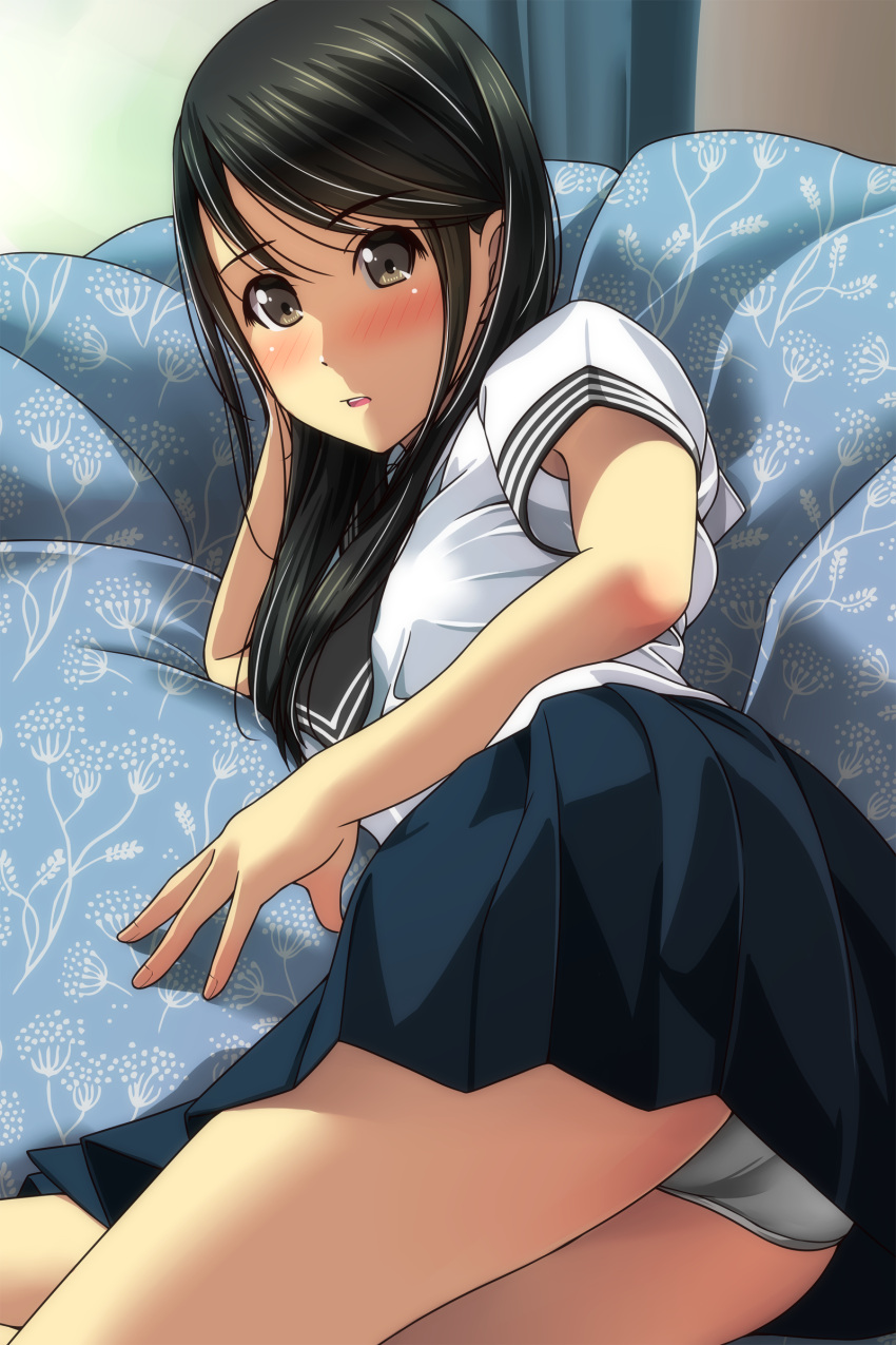 1girl absurdres arm_up ass bangs black_hair black_sailor_collar black_skirt blush brown_eyes eyebrows_visible_through_hair fingernails floral_print hair_between_eyes head_in_hand highres long_hair looking_at_viewer lying matsunaga_kouyou on_side original panties parted_lips pleated_skirt sailor_collar school_uniform serafuku shirt short_sleeves skirt solo underwear upper_teeth white_panties white_shirt