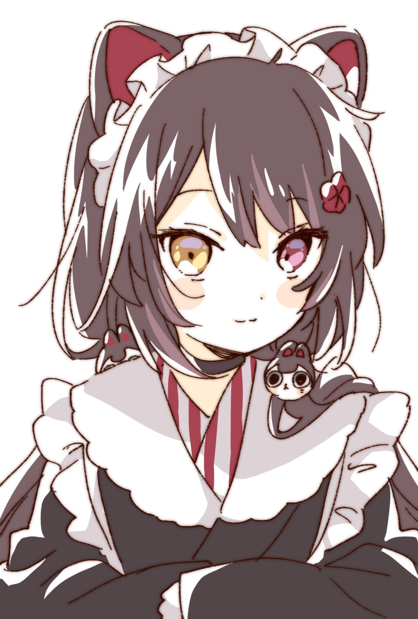 1girl animal_ears dog_ears dog_girl flower hair_ornament heterochromia highres inui_toko japanese_clothes long_hair looking_at_viewer maid_headdress namori nijisanji red_eyes red_flower simple_background solo very_long_hair virtual_youtuber wa_maid white_background yellow_eyes