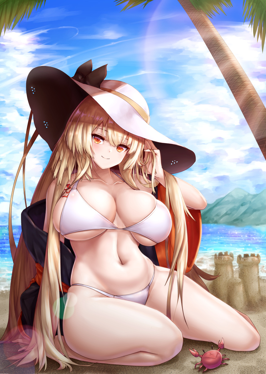 1girl absurdres alternate_costume arm_support bangs bare_shoulders bikini black_bow blue_sky blush body_writing bow breasts character_name clouds cloudy_sky collarbone crab day eyebrows_visible_through_hair girls_frontline hair_between_eyes hand_in_hair hand_up hat hat_bow hat_ribbon highres ithaca_m37_(girls_frontline) kkumdol lens_flare light_brown_hair long_hair looking_at_viewer navel ocean off_shoulder orange_eyes orange_ribbon outdoors palm_tree ribbon sand sand_castle sand_sculpture shiny shiny_hair sitting skindentation sky smile solo sunlight swimsuit thick_thighs thighs tree under_boob very_long_hair white_bikini white_headwear wide_sleeves