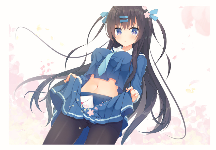 1girl :o ass_visible_through_thighs bangs black_hair black_legwear blue_eyes blue_neckwear blue_ribbon blue_serafuku blue_shirt blue_skirt blush breasts commentary_request crop_top envelope eyebrows_visible_through_hair flower hair_between_eyes hair_flower hair_ornament hair_ribbon hairclip heart highres kinoko5123 long_hair looking_at_viewer love_letter medium_breasts midriff navel necktie original pantyhose parted_lips pink_flower pleated_skirt ribbon sailor_collar school_uniform serafuku shirt skirt skirt_basket solo very_long_hair white_sailor_collar