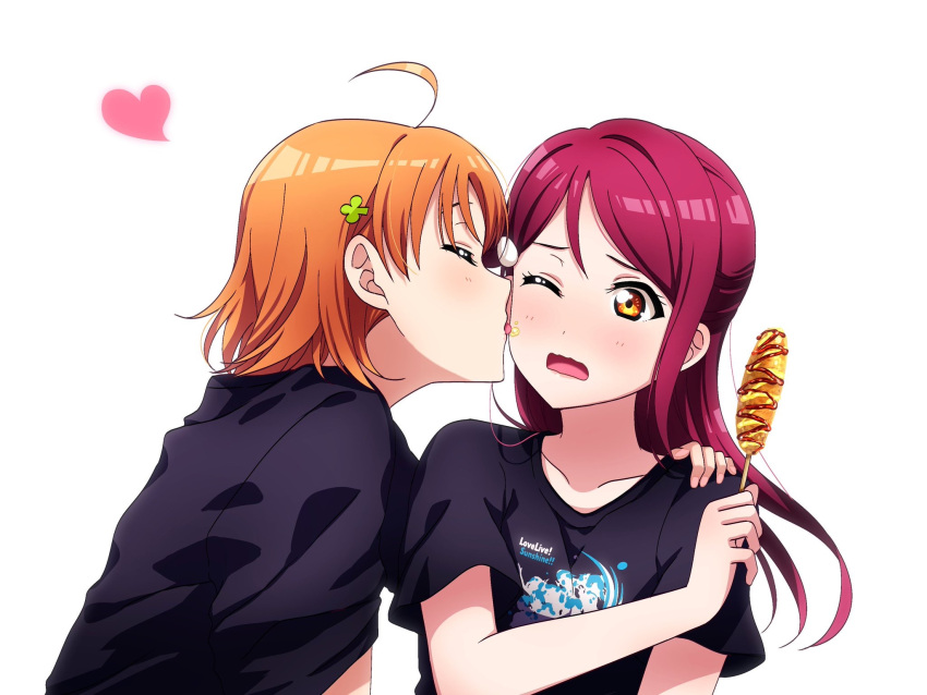 2girls ahoge arm_around_shoulder bangs black_shirt blush closed_eyes clothes_writing clover_hair_ornament copyright_name corndog face_licking food food_on_face hair_ornament hairclip half_updo hand_on_another's_shoulder heart highres holding holding_food kougi_hiroshi licking long_hair love_live! love_live!_sunshine!! multiple_girls one_eye_closed open_mouth sakurauchi_riko shirt short_hair short_sleeves simple_background t-shirt takami_chika upper_body wavy_mouth white_background yellow_eyes yuri