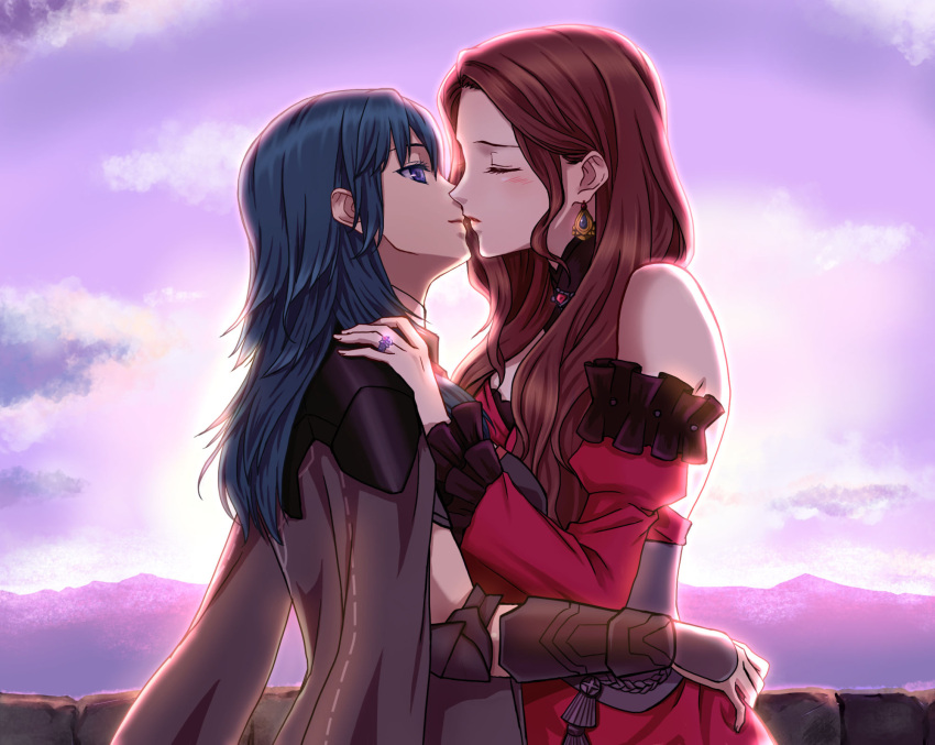 2girls arm_guards arms_around_waist blush brown_hair byleth_(fire_emblem) closed_eyes clouds dorothea_arnault dress earrings fervent_idiot fire_emblem fire_emblem:_three_houses highres jewelry kiss light_blush long_hair looking_at_another mountainous_horizon multiple_girls ring sunlight sunrise upper_body wedding_ring yuri