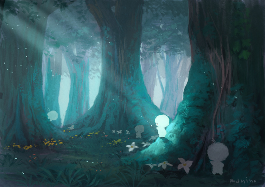 4others blush_stickers commentary_request flower forest light_rays manino_(mofuritaionaka) moss multiple_others nature night no_humans original outdoors scenery signature tree u_u white_flower