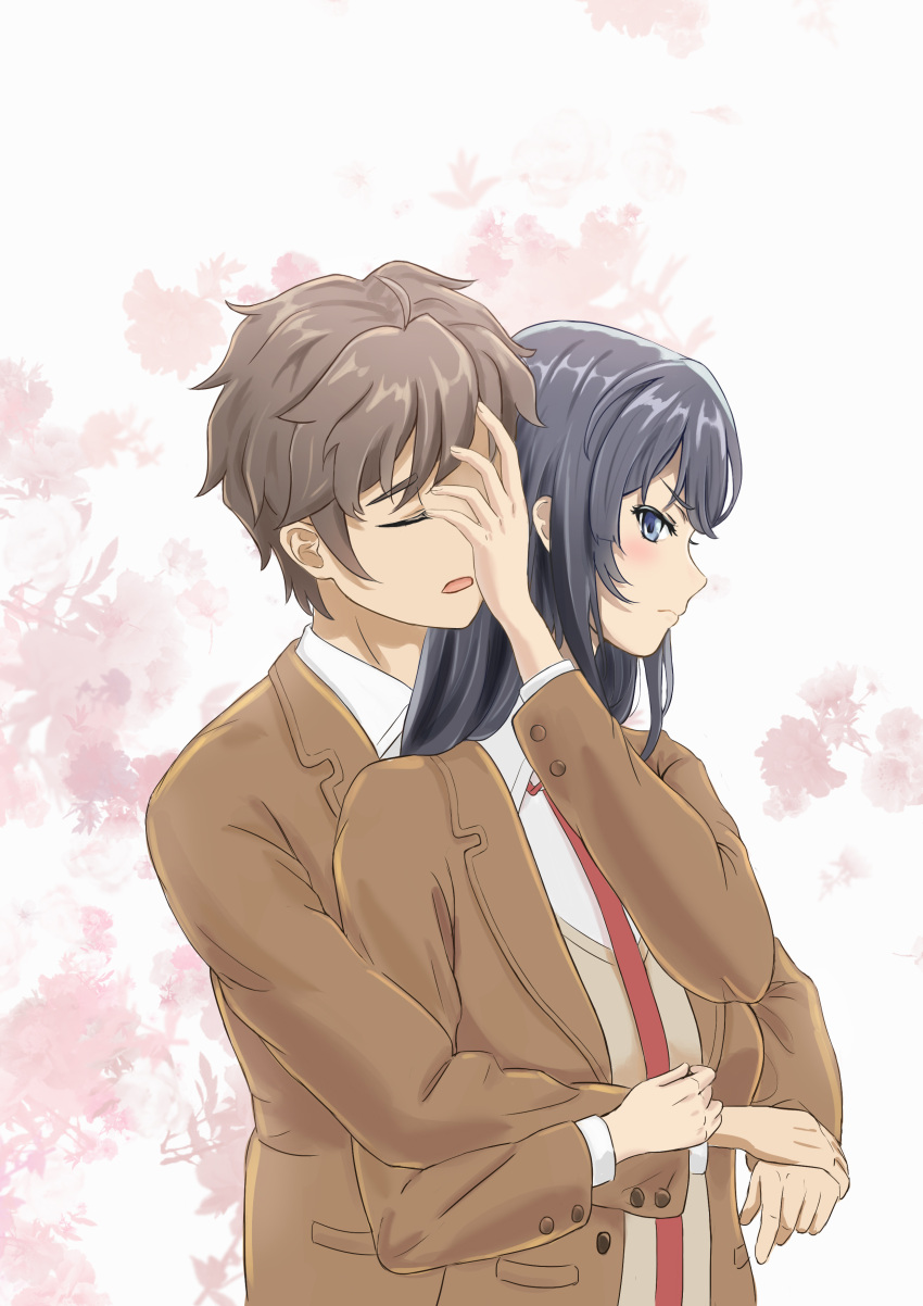 1boy 1girl absurdres azusagawa_sakuta black_hair blazer blue_eyes blush brown_hair hand_on_another's_face highres hug hug_from_behind jacket long_hair necktie red_neckwear sakurajima_mai school_uniform seishun_buta_yarou user_tpcp5583 wrist_grab