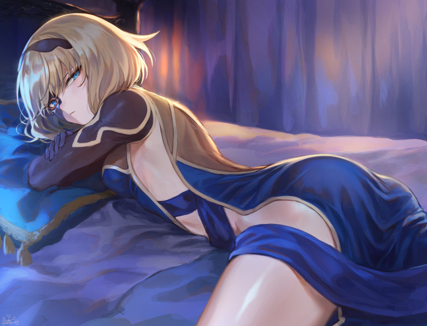 1girl ass bangs black_gloves blonde_hair blue_dress blue_eyes blush breasts closed_mouth curtains dress elbow_gloves gloves hairband half_mask highres looking_at_viewer lying mashuu_(neko_no_oyashiro) on_bed on_stomach original pillow short_hair small_breasts solo thighs