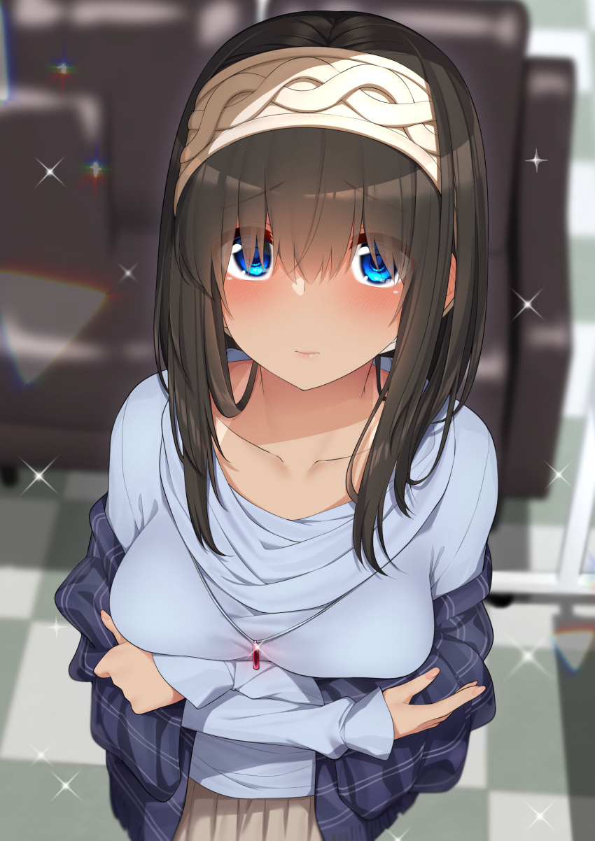 1girl absurdres bangs beige_skirt black_hair blue_eyes blue_sweater blush breasts closed_mouth collarbone crossed_arms go-1 hairband highres idolmaster idolmaster_cinderella_girls jewelry large_breasts long_hair long_sleeves looking_at_viewer necklace sagisawa_fumika shawl solo sparkle sweater