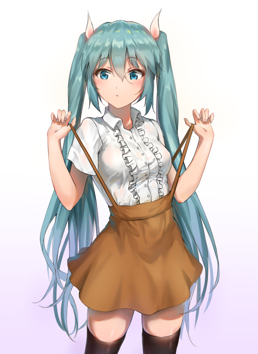 1girl absurdres alternate_costume aqua_eyes aqua_hair black_legwear brown_skirt commentary cowboy_shot english_commentary expressionless hair_ornament hands_up hatsune_miku highres kitk_qun long_hair looking_to_the_side see-through shirt shirt_tucked_in short_sleeves simple_background skirt solo suspender_skirt suspenders suspenders_pull thigh-highs twintails very_long_hair vocaloid white_shirt zettai_ryouiki