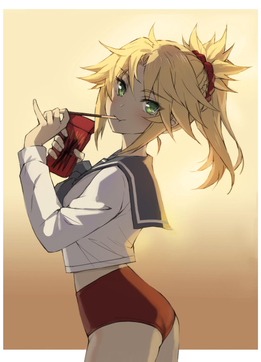 1girl absurdres ass bangs blonde_hair blush braid commentary_request eating eyebrows_visible_through_hair fate/grand_order fate_(series) food from_side green_eyes hair_ornament hair_scrunchie highres holding holding_food long_hair long_sleeves looking_at_viewer mordred_(fate) mordred_(fate)_(all) pocky pontytail red_scrunchie red_shorts scrunchie shirt short_shorts shorts solo tonee white_shirt