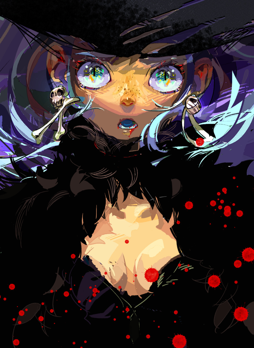 1girl aqua_eyes black_hair breasts earrings eyes freckles fuwata highres jewelry looking_at_viewer open_mouth original skull_and_crossbones solo upper_body