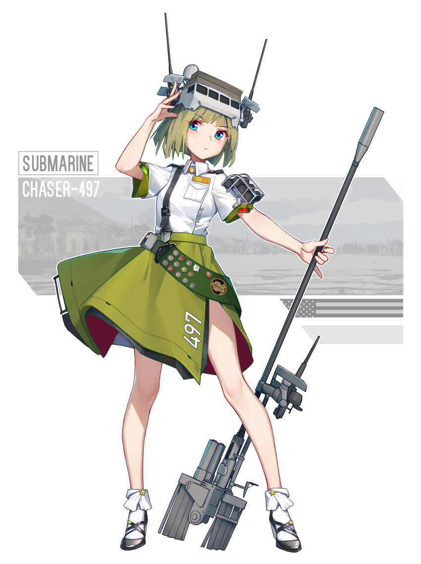 1girl :&lt; absurdres arm_up arnold-s bangs black_footwear blue_eyes blush breasts brown_hair character_request closed_mouth collared_shirt commentary eyebrows_visible_through_hair green_skirt high_heels highres holding original shirt shoes short_hair short_sleeves skirt small_breasts socks solo star war_thunder white_legwear white_shirt