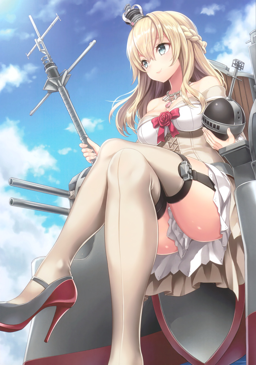 1girl absurdres blonde_hair blue_eyes braid breasts clouds cloudy_sky crossed_legs crown day dress french_braid from_below garter_straps hairband half_updo high_heels highres holding jewelry kantai_collection kase_daiki long_hair machinery medium_breasts mini_crown necklace outdoors scan sitting sky solo thigh-highs warspite_(kantai_collection)