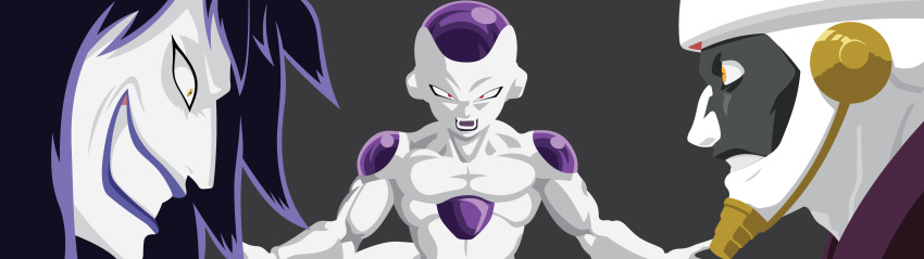 1990s 2000 2005 alien bleach caesar_clown clenched_teeth crossover dragon_ball_gt dragonball_z evil_laugh evil_laughing evil_smile face_to_face freezer frieza horse_boy horse_face kurotsuchi_mayuri long_hair mad_scientist muscular nakao_ryuusei one_piece referi seiyuu_connection seiyuu_joke staring staring_contest studio_pierrot teeth toei_animation voice_actor_connection voice_actor_joke