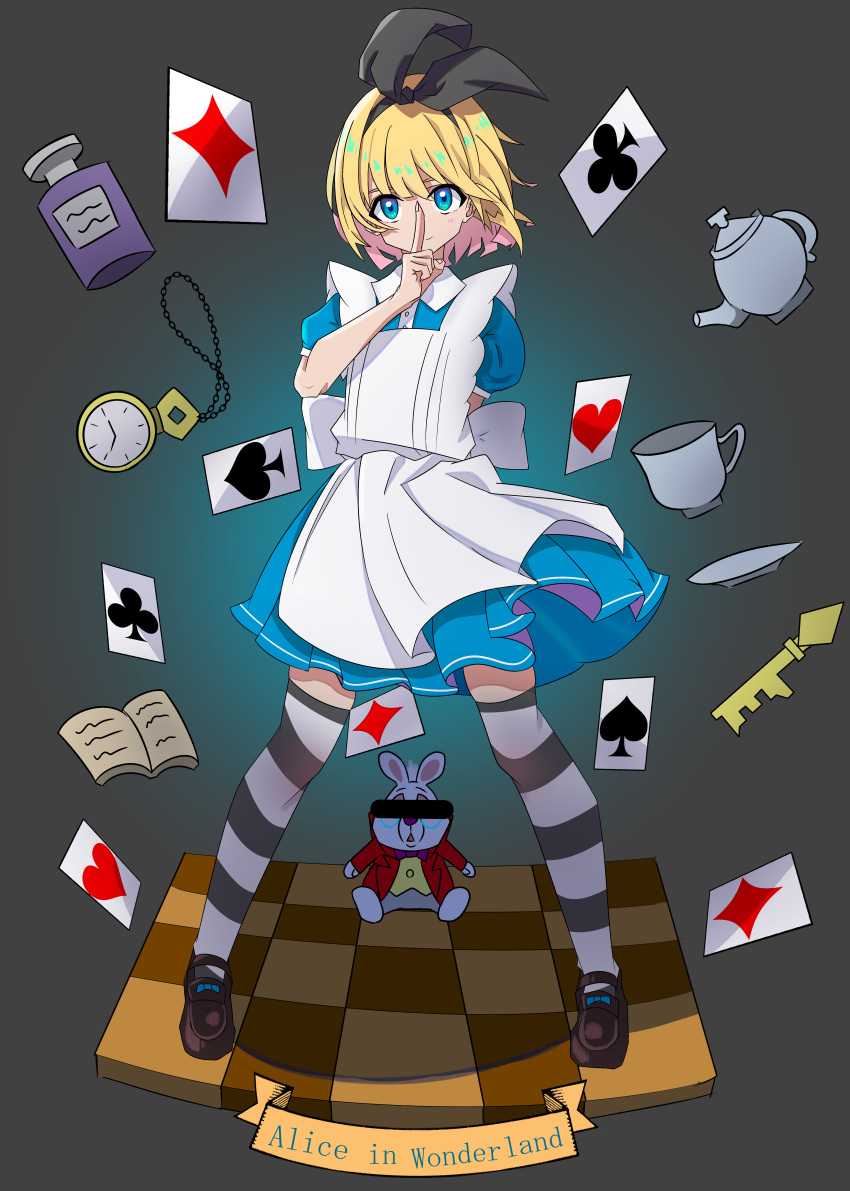 1girl absurdres alice_(wonderland) alice_in_wonderland apron arm_behind_back bar_censor black_background black_footwear black_legwear black_ribbon blonde_hair blue_dress blue_eyes book bow card censored character_name checkered checkered_floor club_(shape) collared_dress commentary cup diamond_(shape) dress english_commentary english_text finger_to_mouth hair_ribbon heart highres key large_bow looking_at_viewer manami_tomo mary_janes medium_dress playing_card pocket_watch puffy_short_sleeves puffy_sleeves ribbon saucer shoes short_hair short_sleeves shushing spade_(shape) standing striped striped_legwear teacup teapot thigh-highs watch white_apron white_rabbit wind zettai_ryouiki