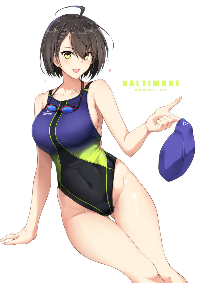 1girl ahoge arm_support azur_lane baltimore_(azur_lane) bangs bare_shoulders blush braid breasts brown_hair character_name collarbone commentary_request competition_swimsuit covered_navel goggles goggles_around_neck groin hair_between_eyes harukon_(halcon) heart highleg highleg_swimsuit highres holding large_breasts looking_at_viewer multicolored multicolored_clothes multicolored_swimsuit one-piece_swimsuit open_mouth short_hair simple_background sitting skindentation smile solo swim_cap swimsuit thighs white_background yellow_eyes