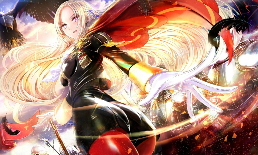 1girl ass bird blonde_hair blue_eyes blush cape cravat eagle edelgard_von_hresvelg fire_emblem fire_emblem:_three_houses garreg_mach_monastery_uniform gloves hair_ornament hair_ribbon highres long_hair looking_at_viewer pantyhose red_cape ribbon simple_background smile solo tongari uniform