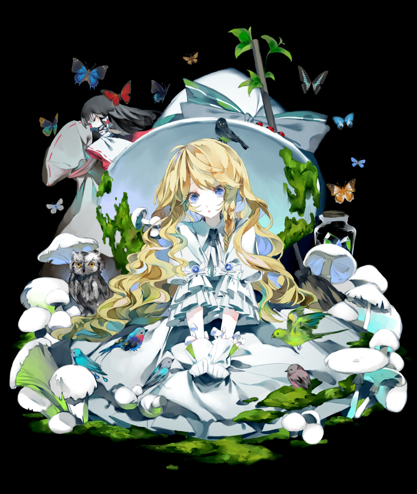 2girls alternate_costume bird black_background blonde_hair blue_eyes bottle bow braid broom bug butterfly chinese_commentary commentary_request dress gem gloves hair_bow hair_tubes hakurei_reimu hat hat_bow highres insect kirisame_marisa long_hair moss multiple_girls mushroom owl touhou white_bow white_dress white_gloves white_headwear witch_hat zhixie_jiaobu