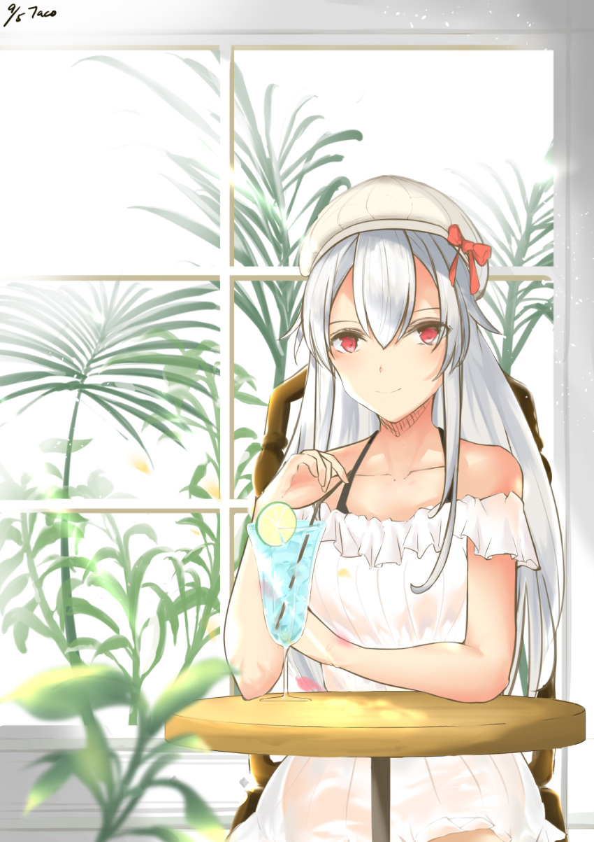 1girl alternate_costume bare_shoulders black_bra bra bra_strap casual chair collarbone commentary_request cup dated dress drinking_glass fate/grand_order fate_(series) fern hair_between_eyes hat hat_ribbon highres light_blush long_hair looking_at_viewer red_eyes red_ribbon ribbon sidelocks signature silver_hair sitting smile solo strapless strapless_dress table takoyaki_(ecw99867) tomoe_gozen_(fate/grand_order) underwear white_dress white_headwear