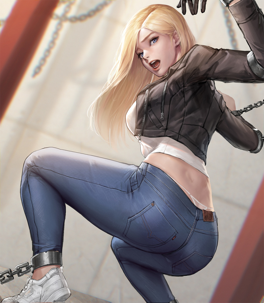 1girl ankle_cuffs ass bangs black_gloves black_jacket blonde_hair blue_eyes blue_pants blurry blurry_background bound breasts butt_crack chain chained commentary cropped_jacket cuffs denim eyelashes feet_out_of_frame from_behind full-length_zipper gloves hands_up highres jacket jeans kidmo long_hair long_sleeves looking_at_viewer looking_back medium_breasts midriff mole mole_under_eye no_socks nose open_clothes open_jacket open_mouth original panties pants pink_lips pocket restrained shackles shirt shoes sneakers solo squatting string_panties swept_bangs teeth thong_panties tight tight_pants tongue underwear whale_tail white_footwear white_panties white_shirt zipper zipper_pull_tab