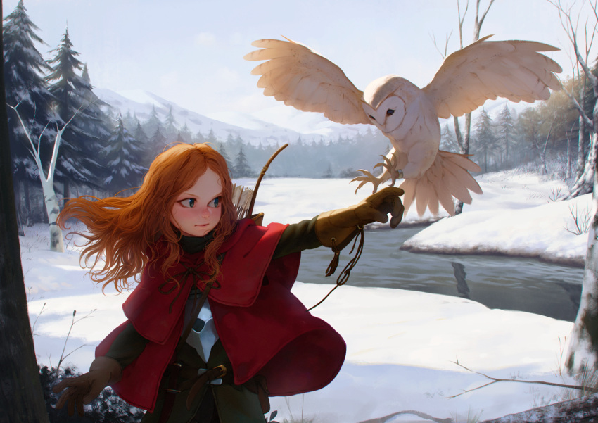 1girl alkemanubis arrow bird blue_eyes blush bow_(weapon) breastplate cloak day english_commentary forest gloves highres hood hood_down hooded_cloak long_hair looking_to_the_side nature original outdoors owl quiver redhead river snow solo weapon wind winter